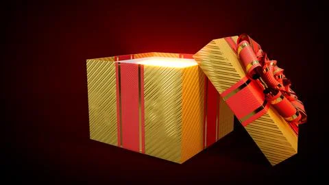 Opened golden and red present with light from inside - object 3D rendering Stock-Illustration