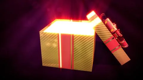 Opened golden and red present with light from inside - object 3D illustration Stock Illustration
