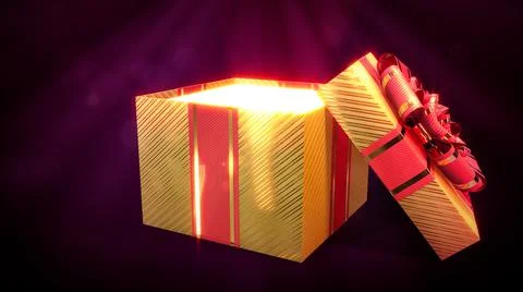 Opened goldish and red present with light from inside - object 3D illustration 스톡 일러스트