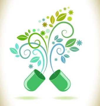 Opened green color pill with leaf Stock Illustration