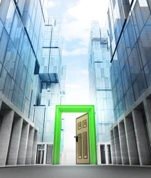 Opened green door frame in new modern business city street illustration Stock Illustration