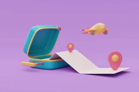 Opened green suitcase with airplane,blank map and location pin.Tourism and tr Stock Illustration