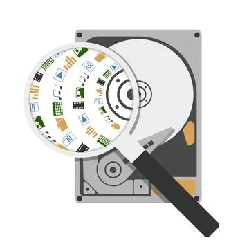 Opened hard drive disk under the magnifying glass with icons of recorded data Stock Illustration
