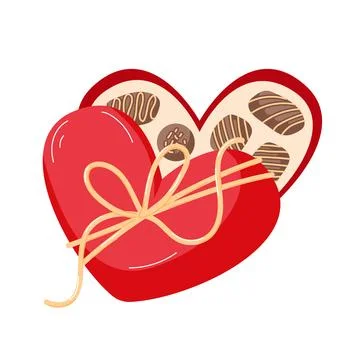 Opened heart shaped red box with chocolate candies, ribbon, bow in cartoon style Stock Illustration