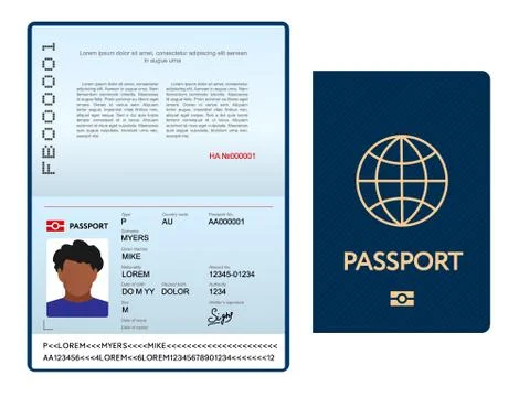 Opened international passport template with blue cover Stock Illustration