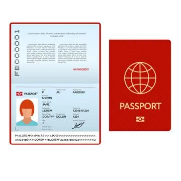 Opened international passport template with red cover Stock Illustration