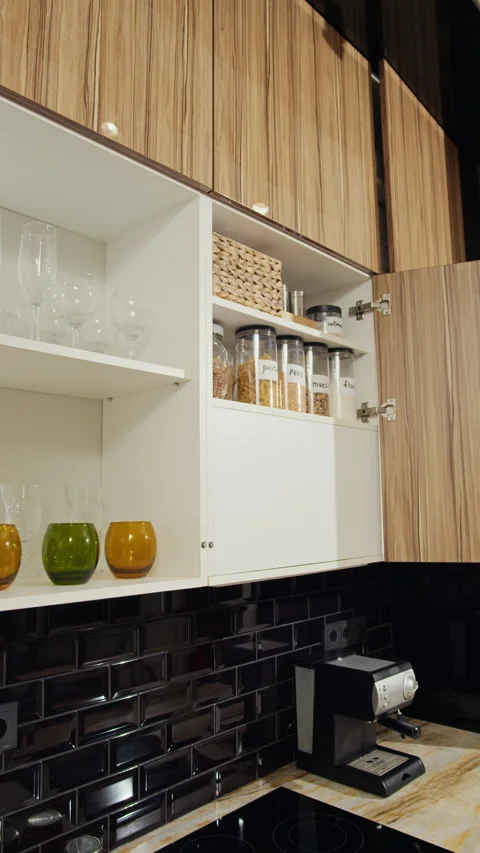 Opened Kitchen Cabinet with Shelves Vidéo 321284647