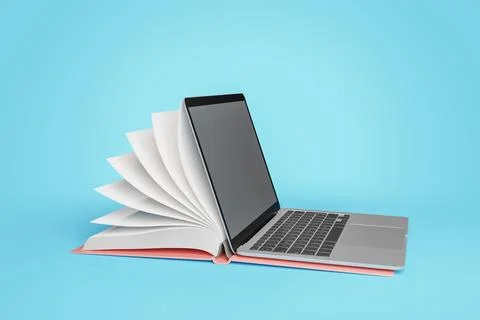 Opened laptop and notebook placed together against blue backdrop Stock Photos