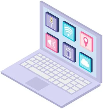 Opened laptop with application icons, communication and interaction concept with Illustrazione stock