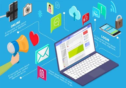 Opened laptop with application icons, communication and interaction concept with Illustrazione stock
