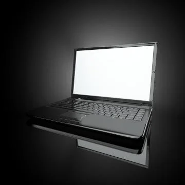 Opened laptop on black background and volume light. 3d Stockillustratie