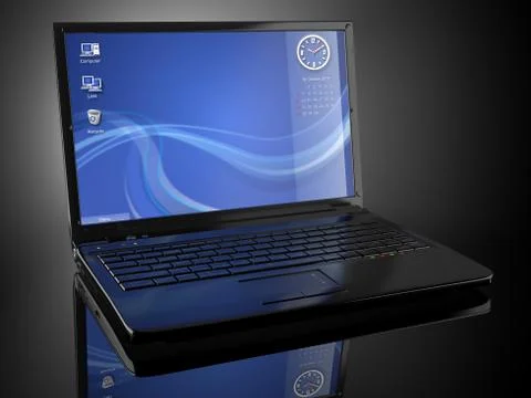 Opened laptop on black background and volume light. 3d Иллюстрация