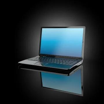 Opened laptop on black background and volume light. 3d イラスト素材
