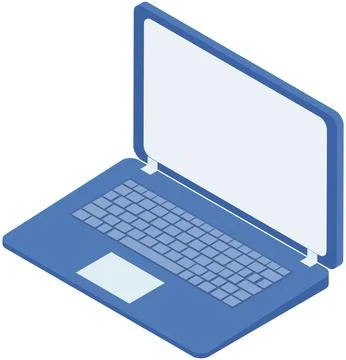 Opened laptop isolated on white with blank screen. Portable computer for work Illustrazione stock