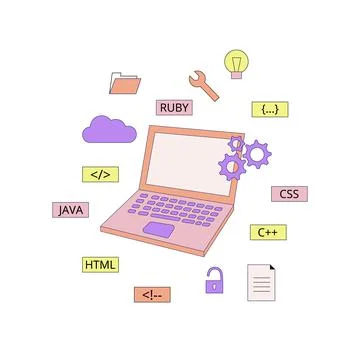 Opened laptop of software developer or tester Stock Illustration