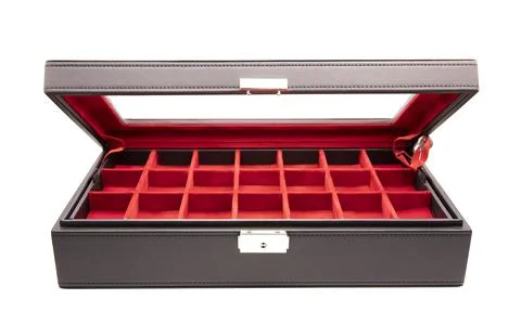 Opened leather box decorated inner with red velvet interior Stock Photos