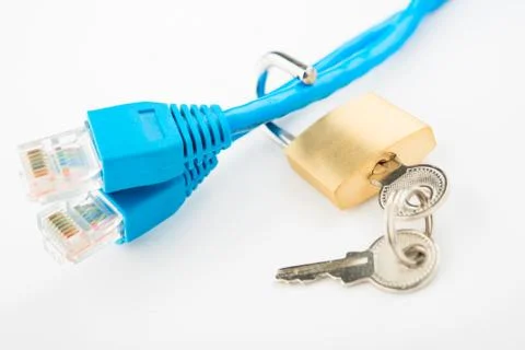 Opened lock and two network cable Stock Photos