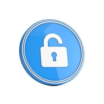Opened Lock Icon in Blue Circle Button. 3d Rendering Stock Illustration
