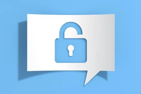 Opened Lock Icon on Cutout White Paper Speech Bubble. 3d Rendering Stock Illustration