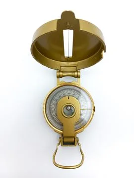 Opened Magnetic Compass Isolated On White Background. Potrait Orientation Stock Photos