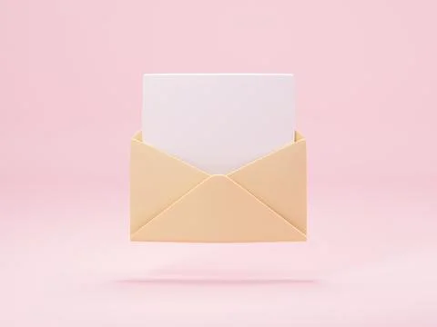 Opened mail envelope with paper inside isolated on pastel pink background. 3d Stock-Illustration