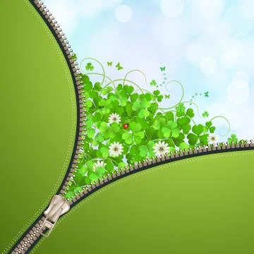 Opened metallic zipper over clover background Stock Illustration