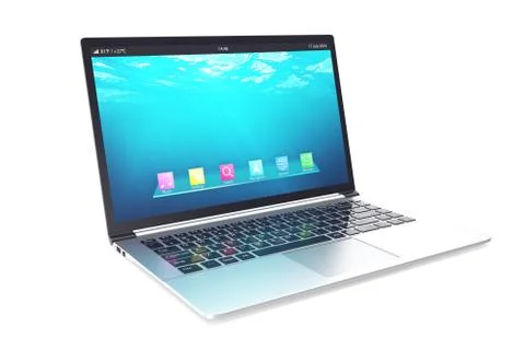 Opened notebook with blue underwater wallpapers isolated on white background. 3d Stock Illustration