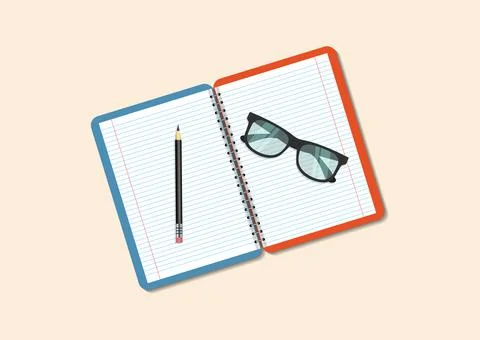 Opened notebook with eyeglasses and pencil 스톡 일러스트