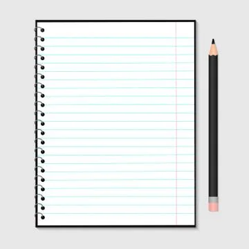 Opened notebook with metallic spiral and pencil isolated on grey. Blank lined Stock Illustration