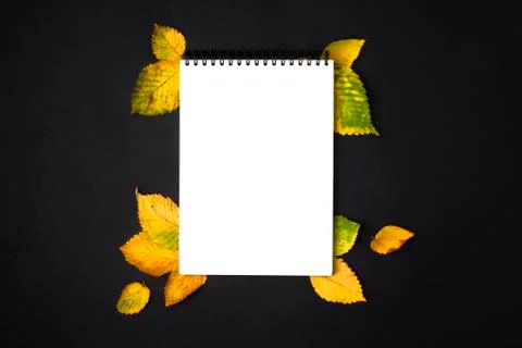 Opened notebook page with autumn leafs on black table Stock Photos