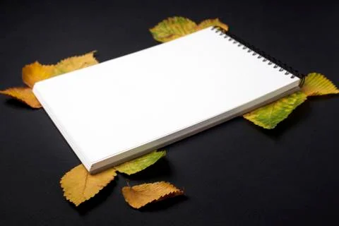 Opened notebook page with autumn leafs on black table Stock Photos