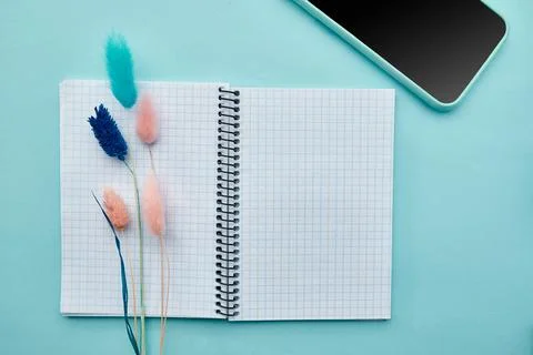 Opened notepad and phone on blue background Foto stock