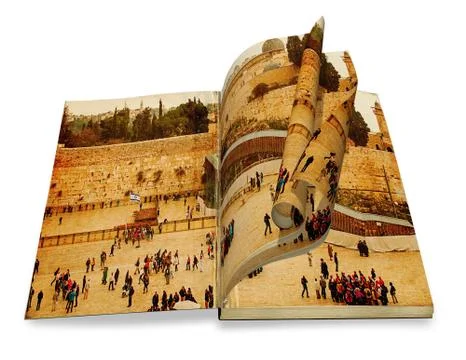An opened old book with  curl a picture western wall,temple mount, jerusalem. Stock Illustration