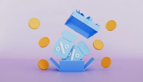 Opened or exploded box with vouchers, coupons coins, ribbons, gift, sale Stock Illustration