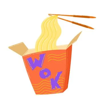 Opened orange wok box image with noodles and chopsticks Illustrazione stock