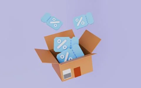 Opened package box with vouchers or coupons, ribbons, concept for gift, pro.. Stock Illustration
