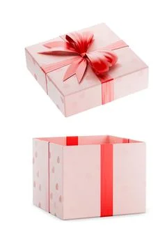 Opened package, gift in pink paper wrapper with hearts. Opened gift box pin.. 库存插图