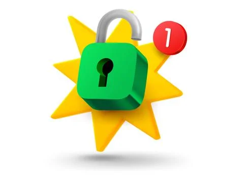 Opened padlock with explosion effect. 3d vector mobile application icon wit.. Stock-Illustration