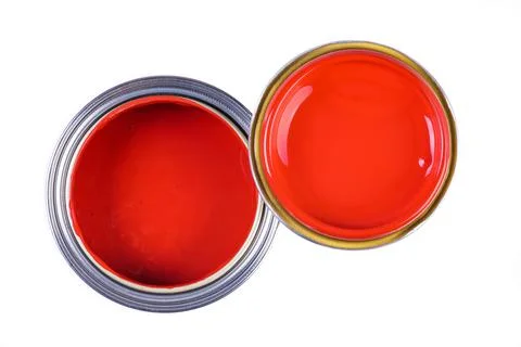 Opened paint can with lid top view isolated on white Stock Photos