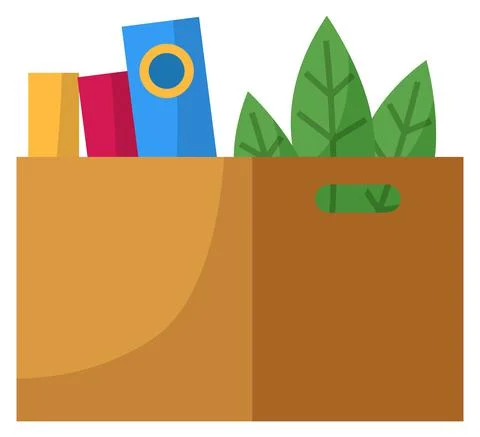 Opened paper container for storage with books and plant. Carton square brown box Stock Illustration
