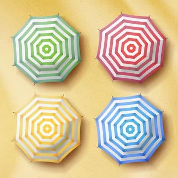 Opened Parasol On Sand Beach Background. Top View. Colorful Umbrellas Sign Stock Illustration