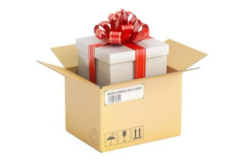 Opened parcel with gift box, gift delivery concept. 3D rendering Illustration