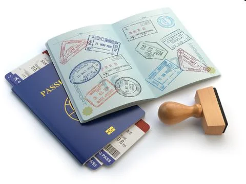 Opened passport with visa stamps and airline boading pass tickets isolated on Illustrazione stock
