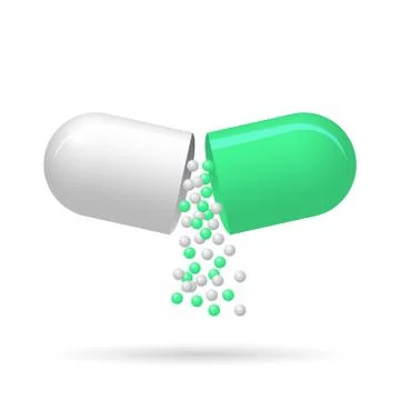 Opened pill with fall out granules Illustrazione stock