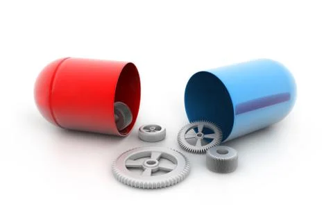 Opened pill with gears inside.. Stock Illustration