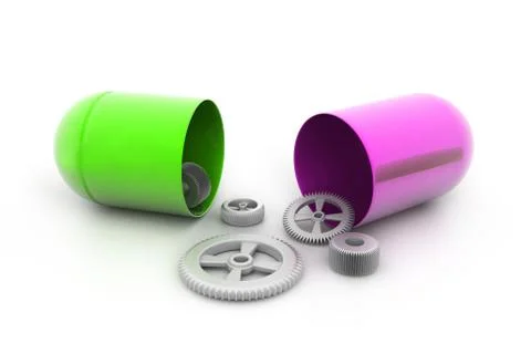 Opened pill with gears inside. Stock Illustration