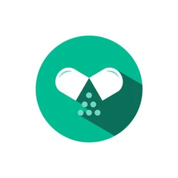 Opened pill icon with shadow on a green circle. Vector pharmacy illustration Stock Illustration