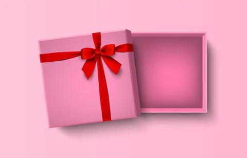 Opened pink empty gift box with red bow and ribbon, vector illustration Stock Illustration