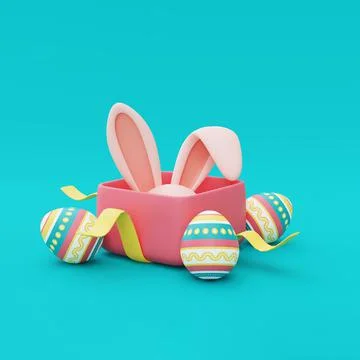 Opened pink gift box with easter bunny and colorful easter eggs Stock Illustration