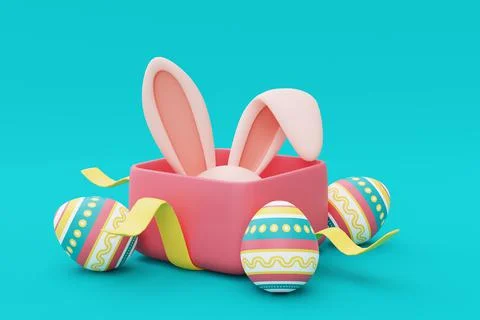 Opened pink gift box with easter bunny and colorful easter eggs on blue backg Stock Illustration